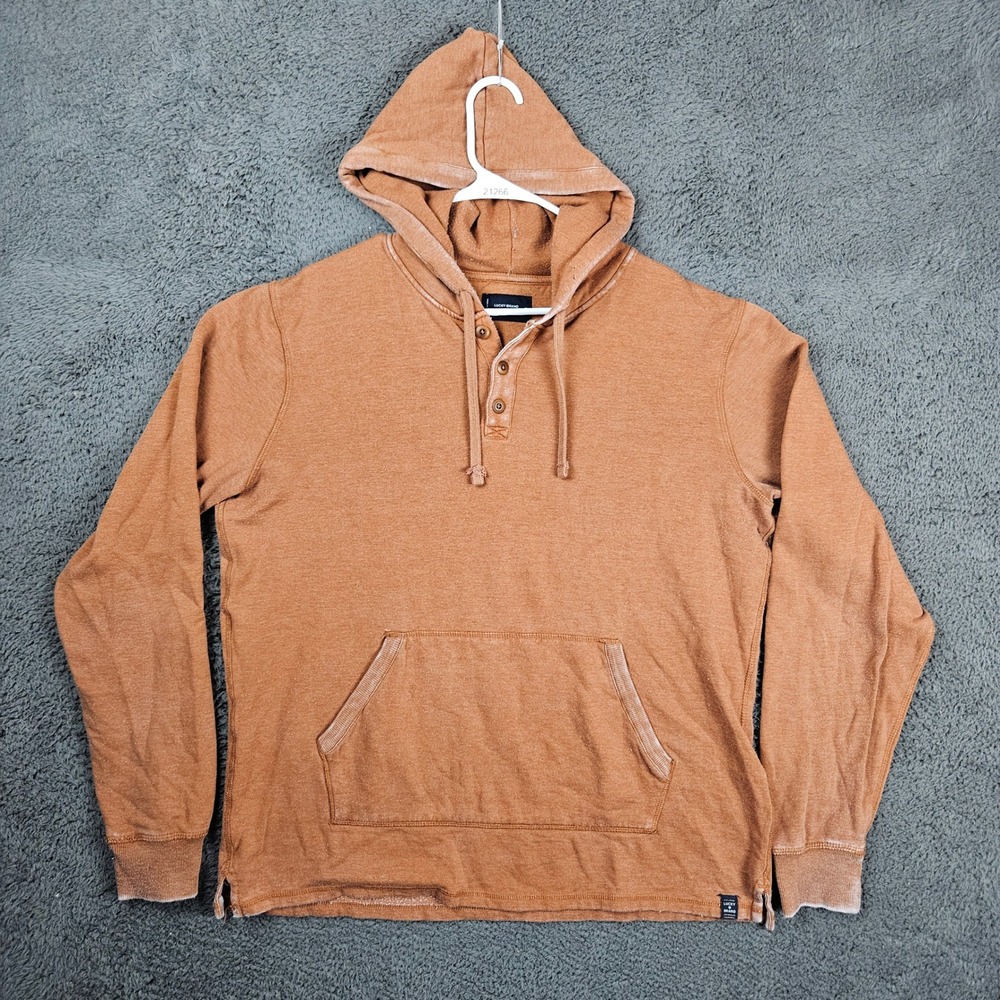 Lucky Brand Mens XL Henley Hoodie Burnt Orange Long Sleeve Slub‎ Knit Pullover